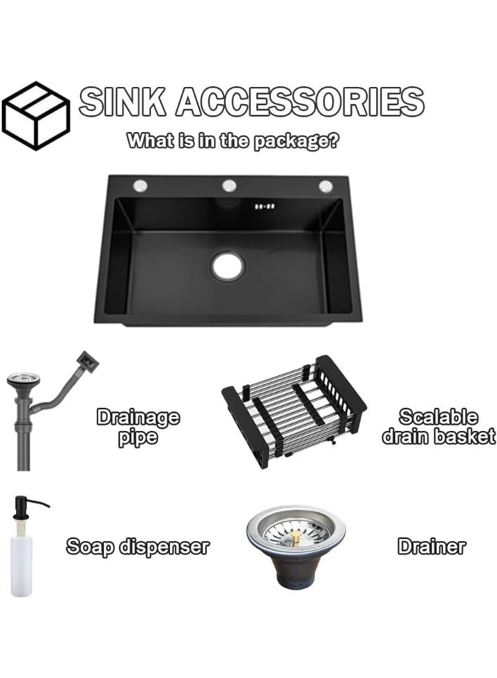 واي دي حوض مطبخ ستانلس ستيل تركيب علوي 60 × 45 × 20 سم، حوض مفرد بفتحات 3، مع مصفاة تصريف وموزع صابون، لون أسود مطفي - Image 2